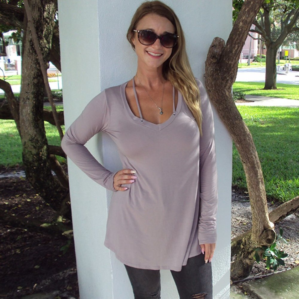 Long Sleeve Bamboo V Neck Tunic- Lavender Size Medium Only Left!